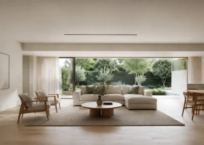 Flush ceiling linear air conditioning diffuser in a minimalist contemporary living room