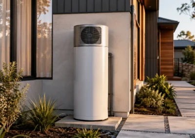 Cylindrical heat pump hot water system unit installed beside a contemporary Australian home