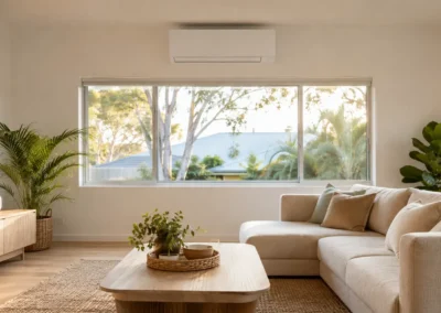 Modern reverse-cycle split system air conditioner above a window in a Geelong living room