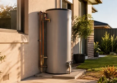Modern mains-pressure hot water storage cylinder installed beside an Australian home