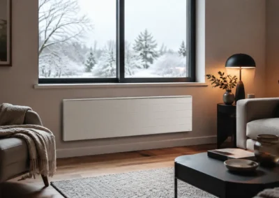 Slim white hydronic heating panel radiator beneath a window in an elegant Australian living room