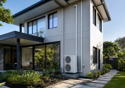 Compact multi-head heat pump condenser unit beside a modern Australian home