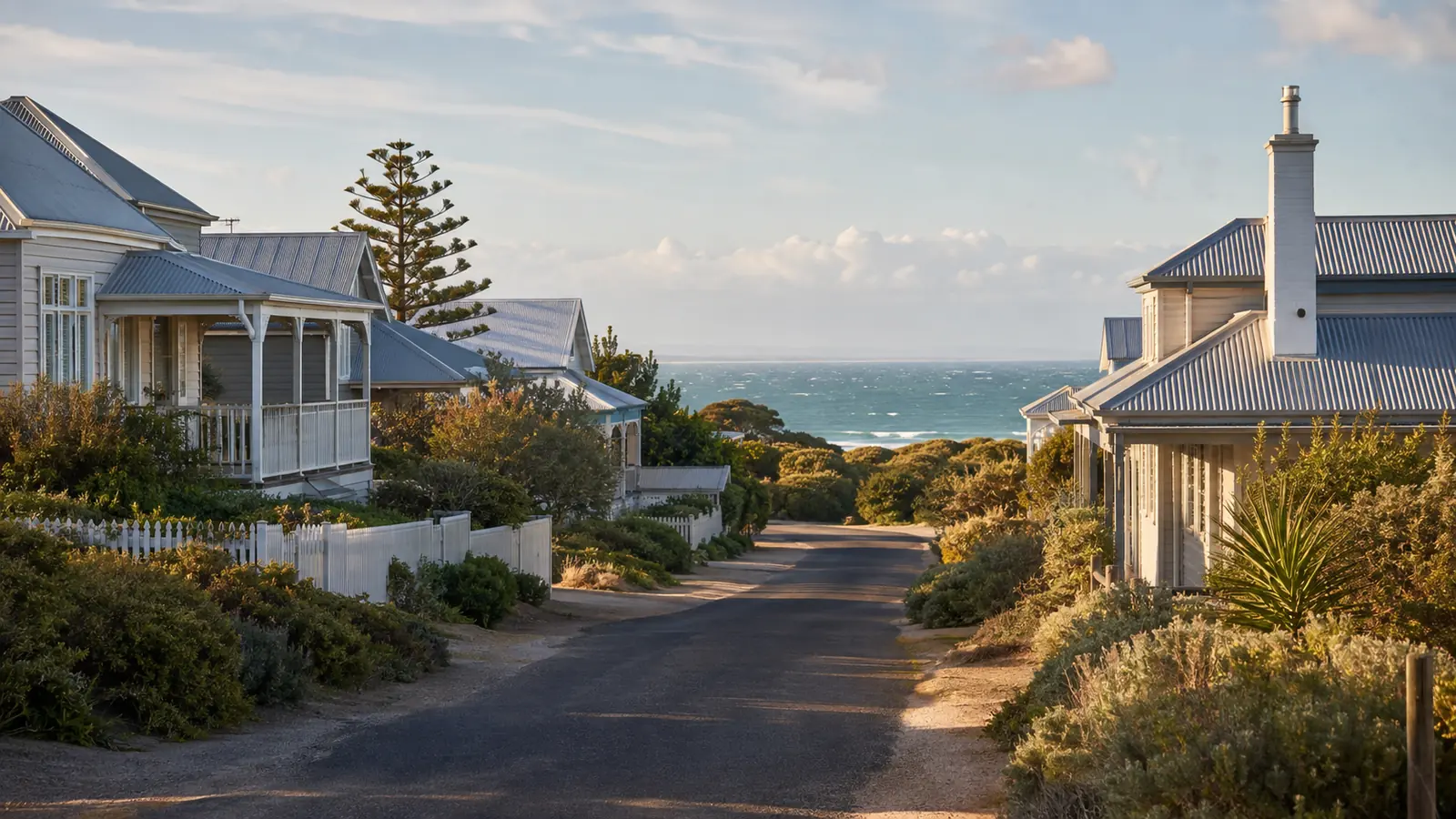 Weatherboard beach houses near the Ocean Grove dunes with a glimpse of the ocean