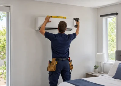 Air conditioning installer mounting a white split system unit on a bedroom wall