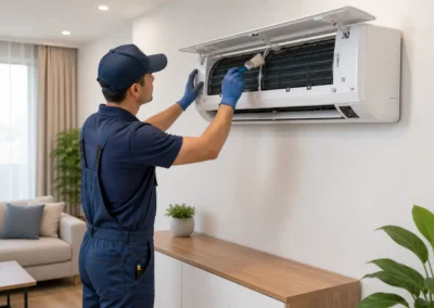 Technician servicing an open split system air conditioner, cleaning filters