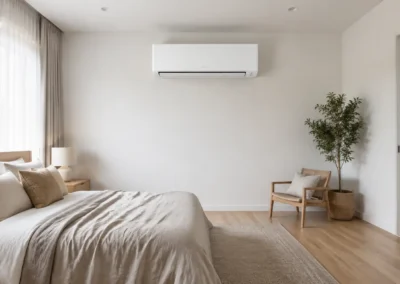 New white split system air conditioner mounted on the wall of a modern Australian bedroom