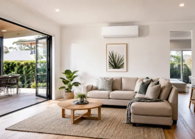 Bright modern living area with a new energy-efficient split system air conditioner